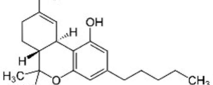 Strukturformel von (–)-Δ9-trans-Tetrahydrocannabinol (aus Wikipedia)