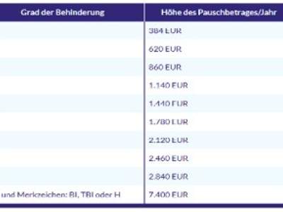 Tabelle 1: Höhe des Pauschbetrages nach GdB gestaffelt

Quelle:

https://gdb-widerspruch.de/ratgeber/nachteilsausgleiche/#:~:text=betr%C3%A4gt%201%20kg.-,Nachteilsausgleiche%20erhalten%20%E2%80%93%20so%20geht's,mittels%20Vorlage%20des%20Schwerbehindertenausweises%20nachweisen.&text=Alle%20Nachteilsausgleiche%20vollst%C3%A4ndig%20abzubilden%2C%20d%C3%BCrfte,deshalb%20und%20fragen%20Sie%20nach.